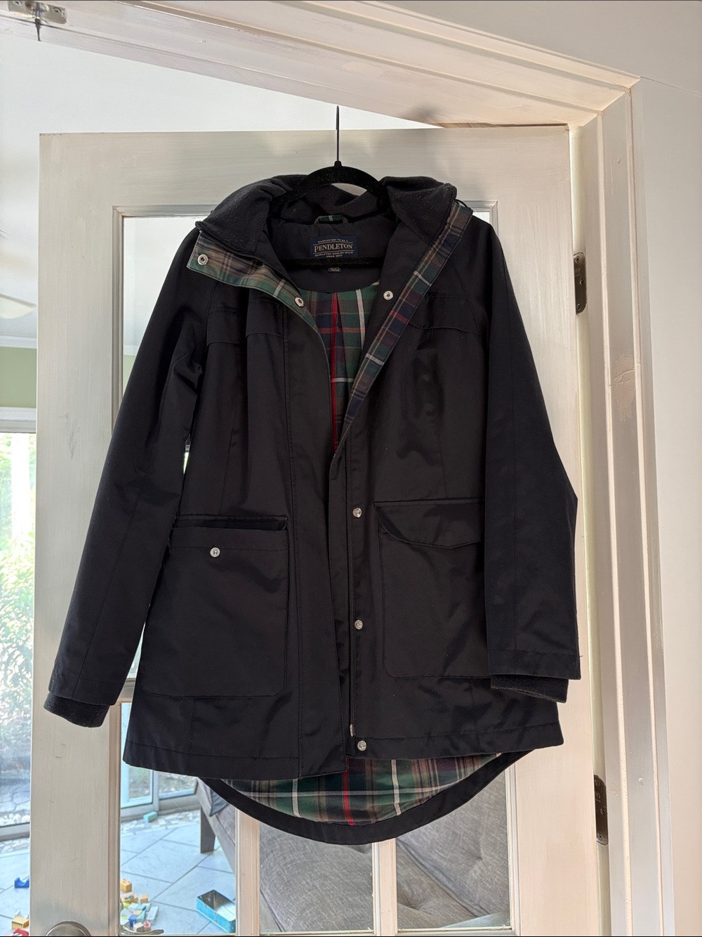 Pendleton Black Hooded Trench Coat with Plaid Interior